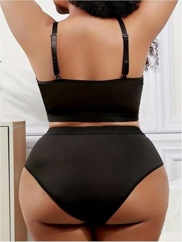 WDIRARA Women's Plus Size Contrast Lace Sexy Lingerie Set V Neck Wireless Bra and High Waist Panty 2 Piece Set in Saudi Arabia