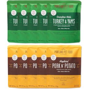 CRAFTED BY HUMANS LOVED BY DOGS Portland Pet Food Company Grandma Ada’s Turkey & Yams Wet Dog Food Pouches 5pk and Hopkin's Pork N’ Potato Wet Dog Food Pouches 5 pk Bundle
