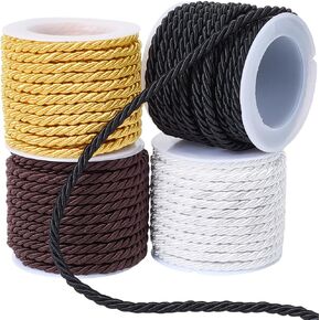 4 Rolls 3mm Brown White Yellow Black Twine Cord Rope Braided Decorative Polyester Trim Xmas Thread String Twist Shiny Satin Twine Cord for Sewing Making Home Decorations Crafts Supplies