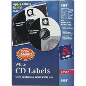 Avery CD Labels for Laser Printers, White, 100 Disc Labels and 200 Spine Labels (5698)