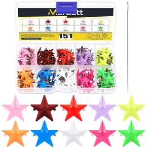 151Pcs Metal Star Studs Claw Colorful Metal Star Studs Set Five-Pointed Star Studs Claw Nail Head Punk Rivets with Large Eye Needle for DIY Leather Clothing Bag Shoes