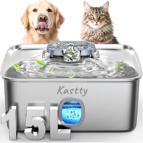 KASTTY 15L/3.96 GAL الفولاذ المقاوم للصدأ من الفولاذ المقاوم للصدأ موزع وعاء وعاء ، الكلب كبير الكلب نافورة هادئة LED ضوء ثلاثية ترشيح BPA ، نافورة مياه الحيوانات الأليفة التلقائي سهلة التنظيف من أجل متعددة الأليتين