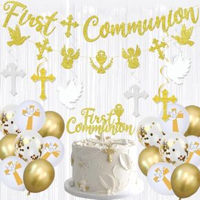 First Communion Decorations First Communion Balloons Gold Glitter Banner Fringe Curtains Backdrop for My First Holy Communion Decorations Christening Baptism Party Supplies