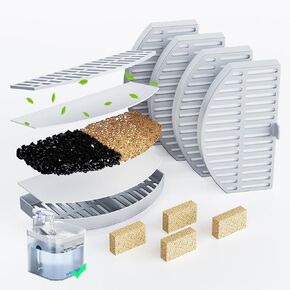 Cat Water Fountain Filters - 4 Pack Pet Fountain Filter Plater and 4 Sponges ، نظام ترشيح دقيق من خمس طبقات ، مرشحات كربونية منشط لـ 74.4 أوقية/2.2L
