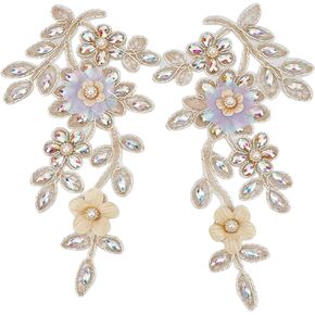 2Pcs 3D Beaded Lace Applique Sequin Floral Embroidery Appliques Yellow Flower Pearl Rhinestone Embroidered Sew on Tulle Patches for Sewing Making Dresses Gown Costumes Wedding Crafts Supply