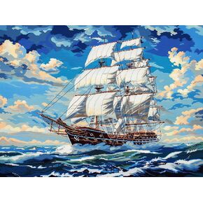 سفينة الإبحار في Ocean Blue Sky DIY 11CT مختومة المبتدئة للمبتدئين للمبتدئين ، Easy Needlepoint Embroidery Cross Cross Stitch Art Craft for Wall Decoration 16x20inch (3)