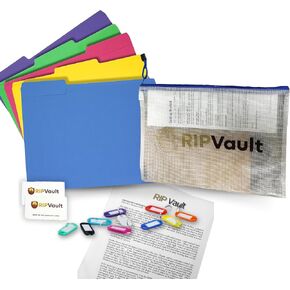Ripvault Estate & Personal Document Organizer Kit - Included 1 Document Bag (Zipper Bag), 2 Next of Kin Cards, 8 Key Tags | Complete Set of File Folders & Printed Pages - Important Document Storage