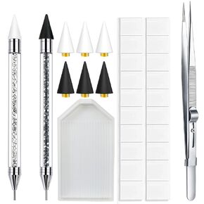 أداة Rhinestone Picker ، 2pcs أدوات خلفية ثنائية الرأس مع 30pcs الطين ، ملاقط المجوهرات الدقيقة وصينية الماس ، Paint Diamond Art Art Pen لالتقاط الحجر ، البلورات ، الأحجار الكريمة ، السحر