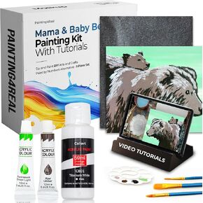 Painting44 Real DIY طقم فئة للبالغين مع برامج تعليمية للفيديو: تعلم أن ترسم ماما و Baby Bear - كيفية الطلاء مع الأكريليك - هدية يوم الأم المثالية - 9 قطعة مجموعة الطلاء الاكريليك