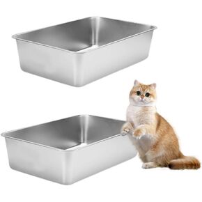 2 Pack Stainless Steel Cat Litter Box,High Side Cats Toilet Metal Kitten Litter Pan Large Pet Toilet for Cat Kitten Rabbit, Easy to Clean, Non Stick and Non Odor,16 x 11.8 x 6 Inch