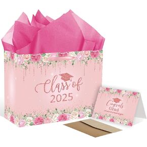 RTMISA 2025 حقيبة هدايا التخرج مع ورق الأنسجة وبطاقة مع حقيبة غلاف GRAD PINK PINK لها ، النساء ، فئة 2025 لوازم حفلات التخرج