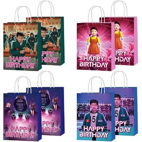 Yunkeliu 16pcs زخارف حفلة عيد ميلاد ، 4 أنماط أكياس ورقية عيد ميلاد سعيد مع مقابض أكياس Goodie Candy لمستلزمات الحفلات الجماهيرية