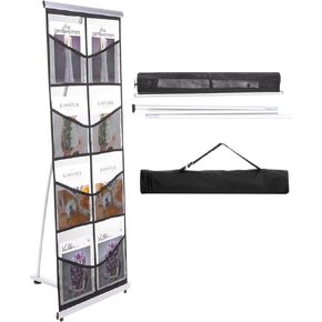Patikil Portable Magazine Display Racks Standing Double A4 8 Mesh Pockets Courchure Catalog Literature حامل للفندق والمعرض والمكتب والأسود