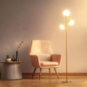 Fiqevs 3 Globe Mid Century Floor Lamp ، مصباح قائم بذاته مع 3 مصابيح LED والظلول الزجاجية الصوتية ، مصباح أرضية شجرة ذهبية حديثة لغرفة المعيشة ، غرفة نوم ، مكتب