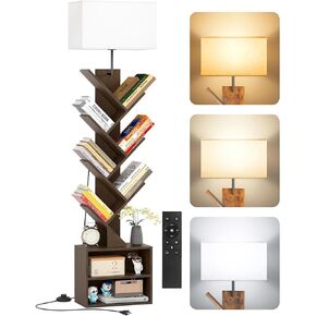 9 Tier Tree Bookshelf with Lamp, Remote, Timer & Storage Cabinet, Dimmable Modern Tall Floor Standing Corner Book Shelf, Small Narrow Wood Bookcase for Living Room, Bedroom, Office (Walnut)