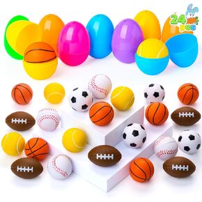 Joyin 24 PCS بيض عيد الفصح المملوءة مسبقًا مع كرات الإجهاد الرياضي لعبة اسفنجي ، كرة سلة لكرة السلة لكرة السلة كرة القدم التنس.