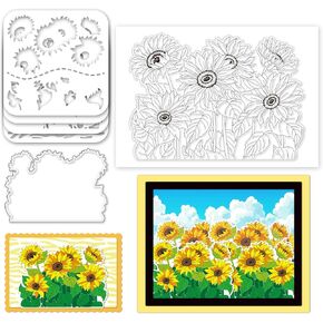 6 Pcs Sunflower Die and Stamp Set Flower Wall Stencil Sunflower Filed Stamps Floral Clear Stamp and Cut Dies Flower Background Painting Template for Wall Card Making Photo Home Decor