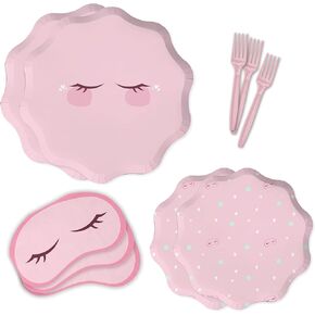 64 PCS SPA Party Paper Plate و Fackins & Forks | لوازم حفلات السبا للفتيات | زخارف النوم (يخدم 16)