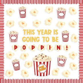 134Pcs Back to School Popcorn Bulletin Board Classroom Decoration Cute Popcorn Boxes Cutouts Name Tags Boarder Trim Back to School Popping Party Classroom Chalkboard Wall Door Decor Supplies