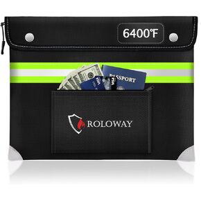 حقيبة مستندات Roloway Fireproof (14 × 11 بوصة) مع طبقة رقائق الألومنيوم 5200 ℉ ، حقيبة مقاومة للحريق للوثائق ذات الشريط العاكس ، حقيبة أموال مقاومة للحريق نقدًا مع سحاب (أسود)