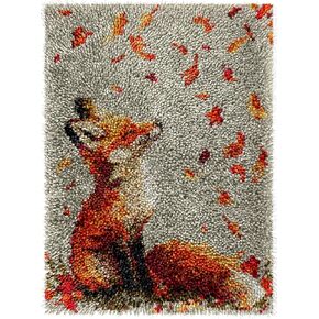 Orange Fox and Maples Latch Hook Rug Kits Color Printed Crochet Yarn Needlework DIY Hooking Latch Kit Carpet Rug Cover Mat for Christmas Chair Cushion Floor Decoration 60x40cm