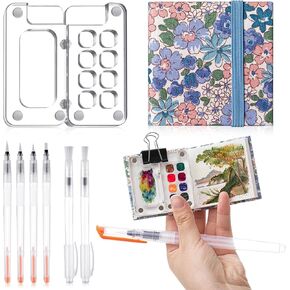 Brainy 9 Pcs Mini Portable Watercolor Palette Set Included Watercolor Paint Dispensing Box with Clip Clear Acrylic 8 Grid Paint Box 6 Artist Paint Brushes Suitable for Painters Artists Students Gift