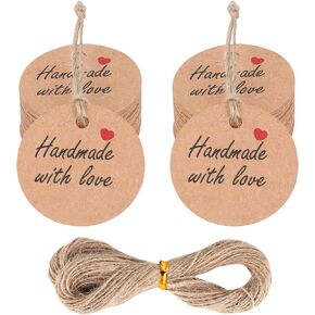 100Pcs Handmade with Love Tags Kraft Paper Hanging Tags with String 1.2" Round Brown Gift Labels with 66 ft String Personalized Handmade Tags for Crafts Candle Tins Wedding Birthday Party Favors
