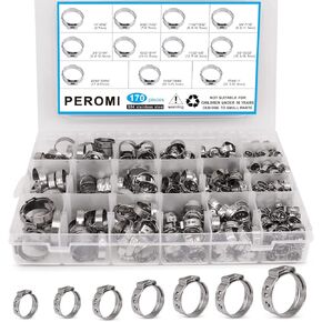 PEROMI 90pcs Single Ear Hose Clamp, 9 Size 6-28.6mm 304 Stianless Steel Cinch Clamp Rings Assortment Kit for PEX Tube Fitting Connections