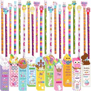 90Pcs Easter Bookmarks and Pencils with Cute Pencil Toppers Set Fun Bulk Kids Students Supplies for Easter Classroom Rewards Basket Stuffers Gifts Party Favors