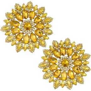 FINGERINSPIRE Round Rhinestone Applique 4.4 Inch Gold Crystal Flower Patch Rhinestone Applique with Platinum Metal Chain Back DIY Sewing Rhinestone Patch for Wedding Bridal Dress Clothes DIY Garments