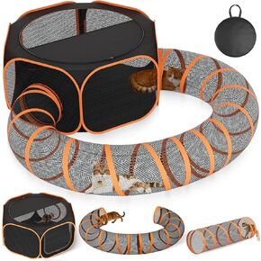 Outdoor Cat Enclosures Tunnel Playpen - Large Portable Playpen Indoor Collapsible Cats Enclosure with Shade Cover 2 Tunnels for Small Pets Animal Outside Catio Happy Travel Camping Back Yard