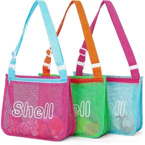 3pcs Kids Kids Beach Toy Mesh Facs ، وأكياس صدف مطبوعة لجمع الصدفة ، وخفيفة الوزن وقابلة للطي مع الأشرطة القابلة للتعديل ، ومحمولة للسباحة والشاطئ الأساسية