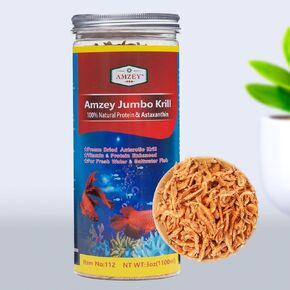 Amzey Freeze Jumbo Krill 3 OZ ، Dired Jumbo Remrimp Essential Omega-3 ، تعزيز فيتامين ، طعام رائع للحيوانات الأليفة ، طعام القطط ، طعام الكلاب ، أسماك المياه الطازجة والملحية