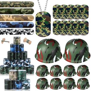 140 PCS Army Accessories for Kids 100 Camo Slap Bracelets 20 Plastic Army Helled 20 Samouflage Dog Tags with Chains of Beaded For Kids Adults Camo Mison