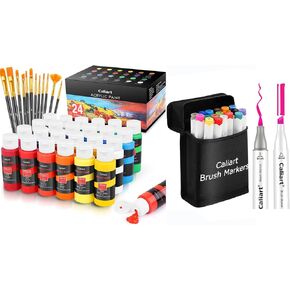 Caliart 24 Colors Acrylic Paint Set With 12 Brushes, 18 Colors Brush & Chisel Double Tip Alcohol Art Markers, Drawing Pens Permanent Markers Mothers Day Gift for Mom Kids Artist Adult Cards Drawing