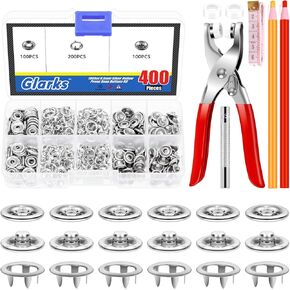 Glarks 407pcs 9.3mm (3/8in) أزرار Snap Metal مع الأداة المضغوطة ، وأزرار Silver Hollow Prong Snap وأداة السحابات المفاجئة مع قياس شريط ومجموعة تلوين خياطة لصياغة الخياطة DIY