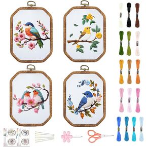 ORIGACH 4 Set Embroidery Kit for Beginners Adults, DIY Hummingbird and Flower Embroidery Starter Kit with Stamped Patterns Instructions Embroidery Hoop Needles Threads for Crafting