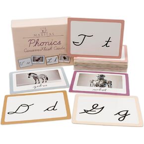 Phonics Cursive Alphabet Flash Cards by Maritas - متينة ، سميكة ونابضة بالحياة - يجب أن تكون في مرحلة ما قبل المدرسة ، التعليم المنزلي والفصول الدراسية - الأجزاء 3+