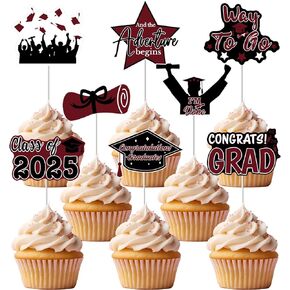 2025 تخرج Cupcake Toppers ، 48 PCS Class of 2025 Cupcake Toppers تهانينا لخيوط كب كيك للحلوى لبيتزا لحفلات التخرج (Maroon Black)