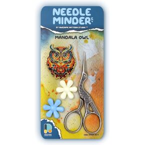 Awesome Pattern Studio Needle Minder Set - Mandala Owl Magnetic Needle Minder + 2 Needle Threaders. Enamel Pin for Cross Stitch, Embroidery and Craft