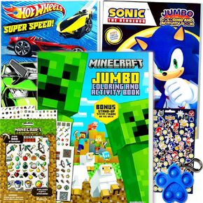 كتب تلوين الأطفال والنشاط للأولاد الذين تتراوح أعمارهم بين 4-8 يضم Minecraft و Sonic the Hedgehog و Hot Wheels - حزمة مع الملصقات والمزيد