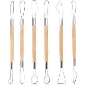 Lnngub 6pcs أدوات النحت الصلصال ، أدوات النحت من الطين على الوجهين مجموعة حلقة سلكية طينية مجموعة مقبض خشبي أدوات نحت الطين أدوات تشذيب الفخار