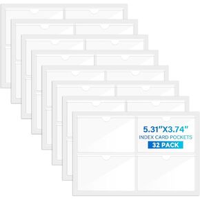32Pack جيوب بطاقة الفهرس الذاتي للذات ، حاملي ملصقات بلاستيكية واضحة مع أعلى مفتوحة لبطاقة 3 "× 5" ، حامل البطاقة المثالي لصناديق التخزين ، المكتبة ، تنظيم