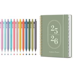 Taja Colored Gel Pens, 12 Colors 0.5mm Fine Point Smooth Writing Pens, and Planner 2025-2026, Academic Year Weekly and Monthly Calender Planner
