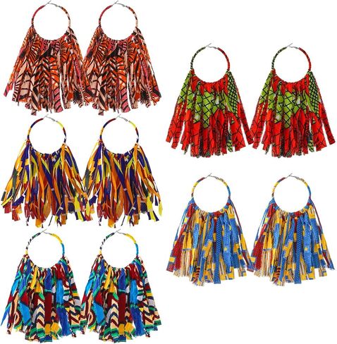 5 Pairs African Fabric Tassel Earrings African Jewelry Afrocentric Earrings Ankara Fringe Hoop Earrings for Women Costume (Elegant Style) in Saudi Arabia