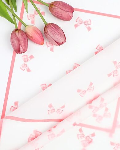 Liobelon 20 Sheets Flower Wrapping Paper Waterproof Bouquet Wrapping Paper Bow Pattern Gift Wrapping Paper for Flower Shop, Wedding, Birthday Party, Handmade DIY, Anniversary 22.8 x 22.8 Inch (light pink) in Kuwait