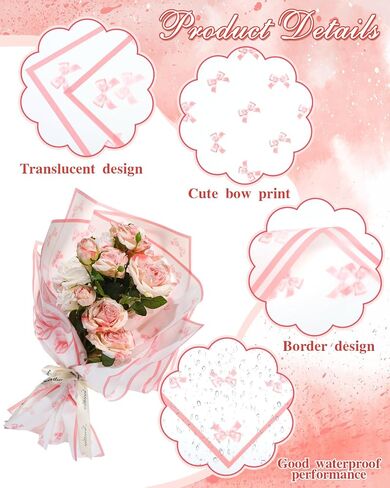 Liobelon 20 Sheets Flower Wrapping Paper Waterproof Bouquet Wrapping Paper Bow Pattern Gift Wrapping Paper for Flower Shop, Wedding, Birthday Party, Handmade DIY, Anniversary 22.8 x 22.8 Inch (light pink) in Kuwait