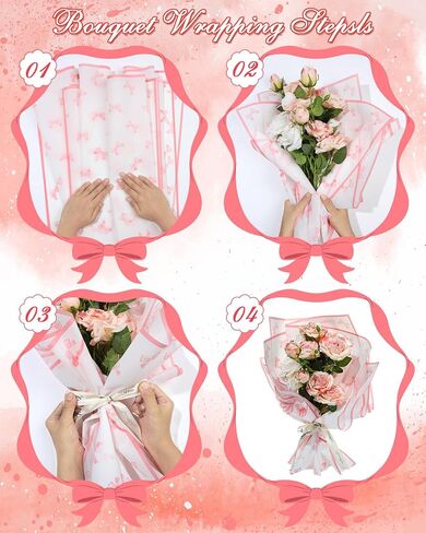 Liobelon 20 Sheets Flower Wrapping Paper Waterproof Bouquet Wrapping Paper Bow Pattern Gift Wrapping Paper for Flower Shop, Wedding, Birthday Party, Handmade DIY, Anniversary 22.8 x 22.8 Inch (light pink) in Kuwait