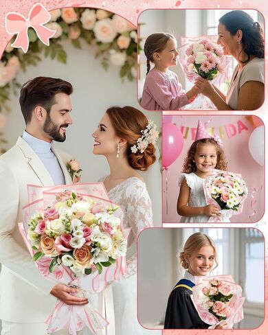 Liobelon 20 Sheets Flower Wrapping Paper Waterproof Bouquet Wrapping Paper Bow Pattern Gift Wrapping Paper for Flower Shop, Wedding, Birthday Party, Handmade DIY, Anniversary 22.8 x 22.8 Inch (light pink) in Kuwait