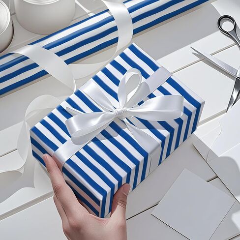 RUSPEPA Navy Blue Striped Wrapping Paper Roll, Mini Roll, Watercolor Brushstroke Stripe Design Gift Wrap Paper for Birthday, Holiday, Father's Day and Graduation, 17 Inches x 16.4 Feet in Kuwait